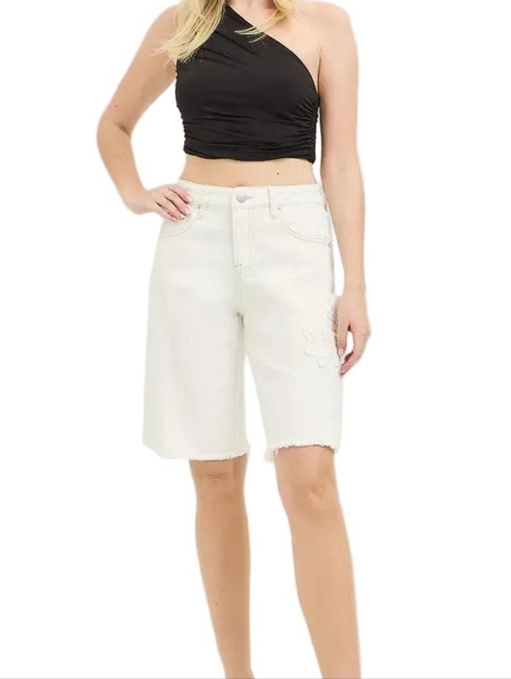 Risen Floral Embroidered Relaxed Fit Bermuda Baggy Jorts Long Cream Denim Shorts - Picture 5 of 13